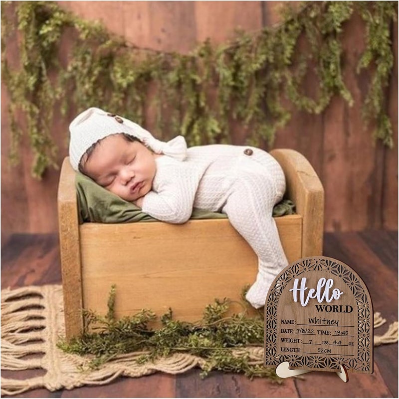 HOUISM Bleed Proof Engineered Wood, 5.5 Inch Wooden Birth Announcement Sign with Easel Stand, 3D Arcylic Hello Sign, Newborn Announcement Plaque for Girl Boy Photo Prop Baby Shower Nursery Hospital - Rustic - Image 5